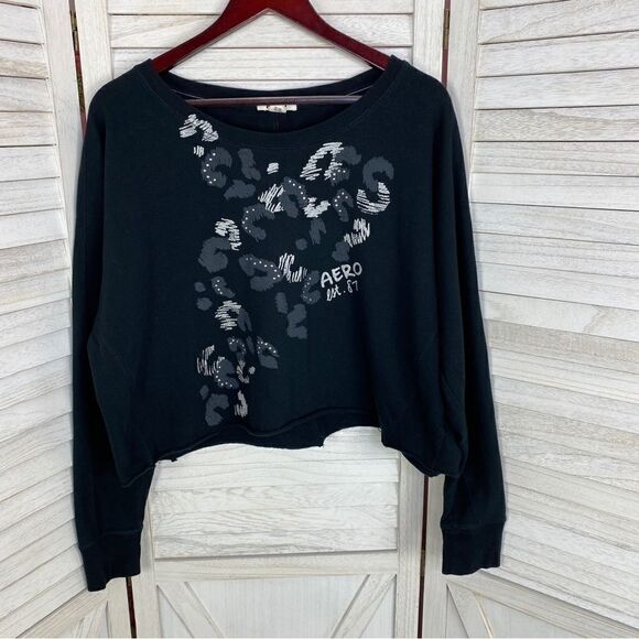 Aeropostale Cropped Cut Off Wide Fit Sweatshirt Black Large Rhinestone Cheetah - Picture 7 of 10